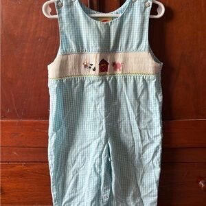 Light Blue Gingham Baby Romper with Farm Embroidery